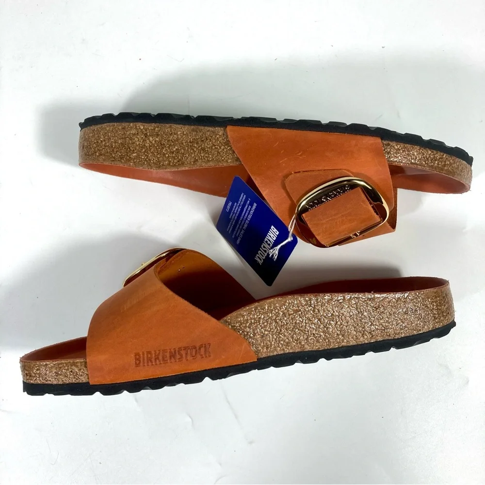 Birkenstock Madrid Big Buckle Slide Sandals Oiled Leather Burnt Orange NEW - Picture 9 of 17
